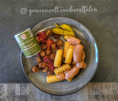 "Gegrillt: Bratwurst, Paprika - Kroketten"